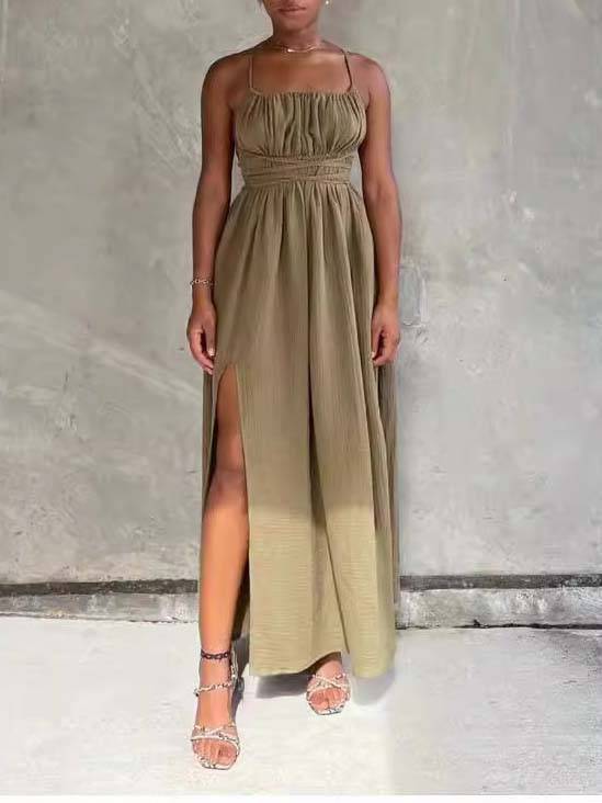 Robe Midi en Lin Convertible pour Femme | Dos Nu, Sans Bretelles et Fente Latérale