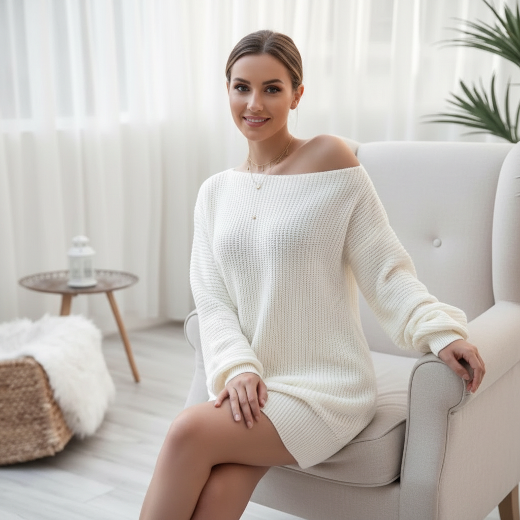 Robe Pull Femme Off-Shoulder – Confortable & Élégante