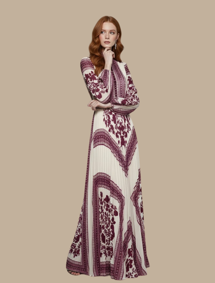 Robe de Soirée Maxi Plissée pour Femmes – Robe Formelle à Col Montant et Manches Longues