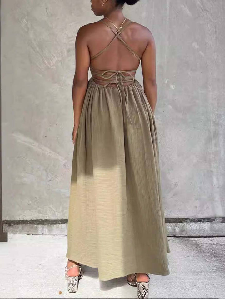 Robe Midi en Lin Convertible pour Femme | Dos Nu, Sans Bretelles et Fente Latérale
