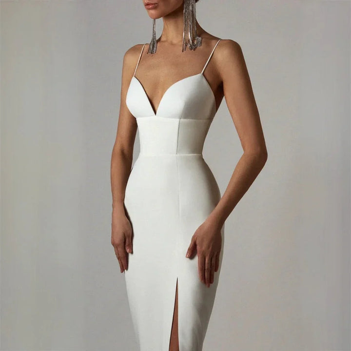 Robe Bodycon à Bretelles Spaghetti et Décolleté en V pour Femmes – Silhouette Flatteuse Idéale pour Mariages et Événements