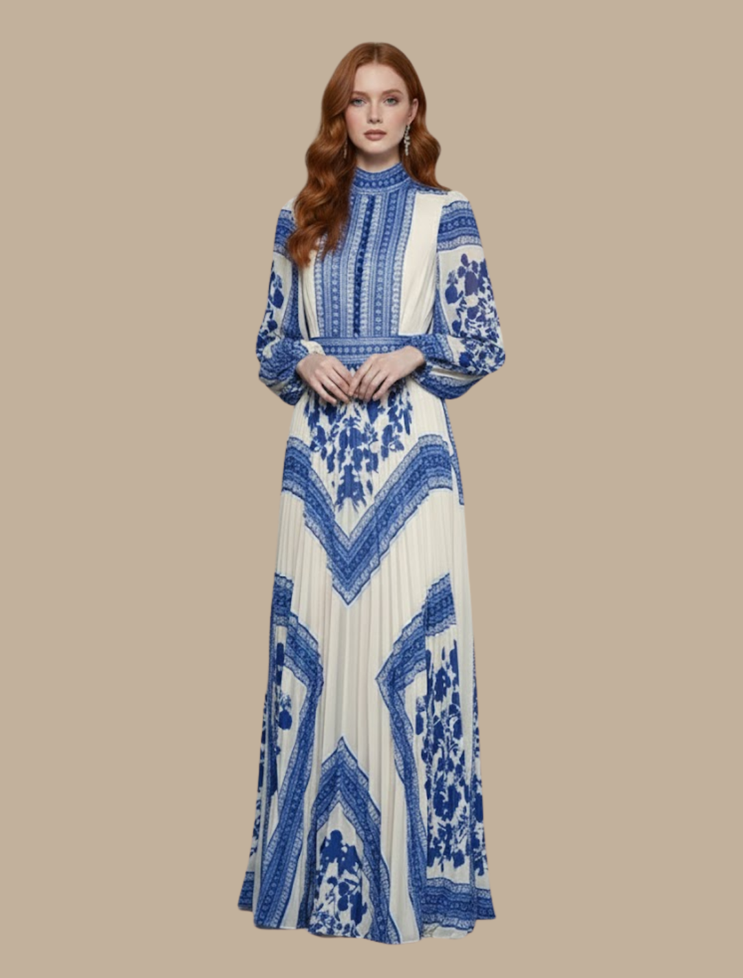 Robe de Soirée Maxi Plissée pour Femmes – Robe Formelle à Col Montant et Manches Longues