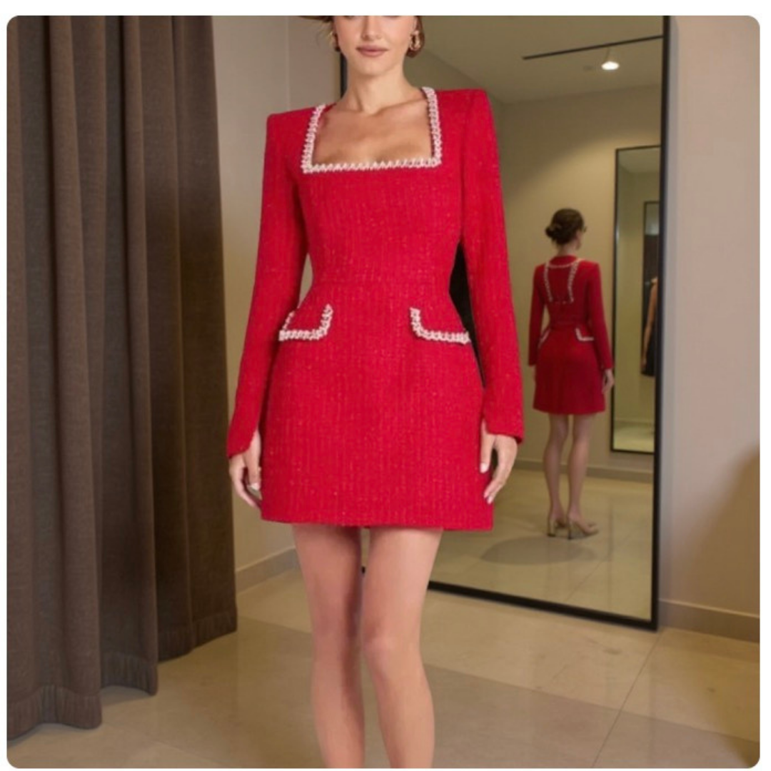 Robe Mini en Tweed pour Femmes – Robe de Soirée à Manches Longues avec Col Carré