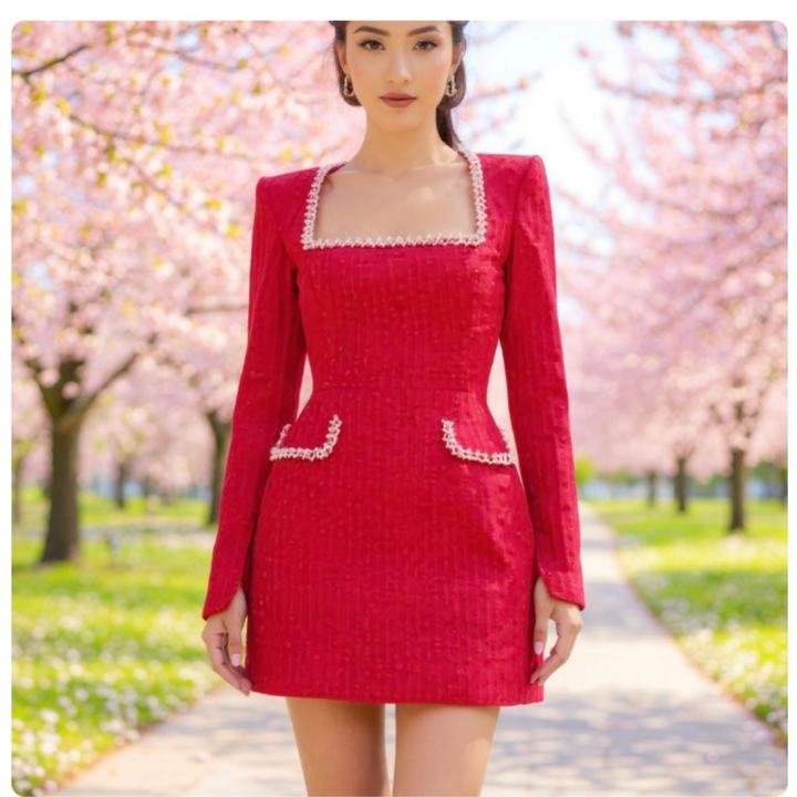 Robe Mini en Tweed pour Femmes – Robe de Soirée à Manches Longues avec Col Carré