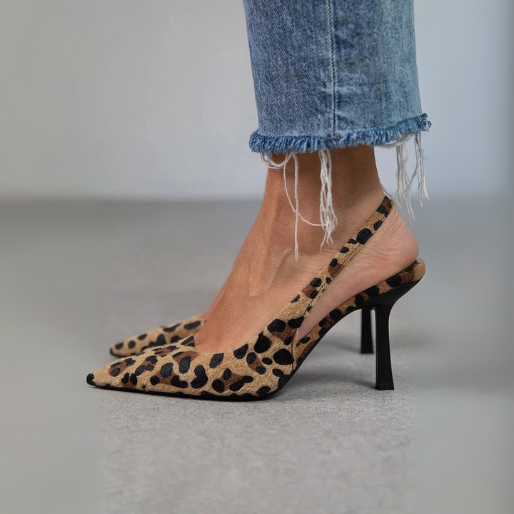 Senna - Pointed Toe Leopard Print Slingback Khaki Stiletto Heels