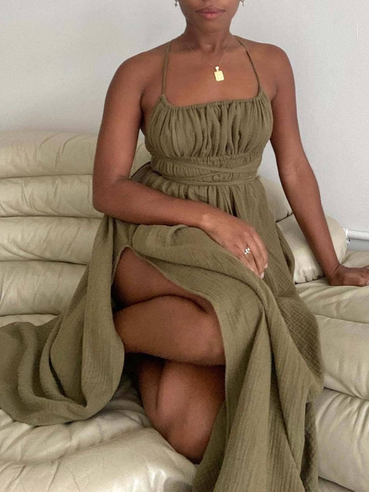 Robe Midi en Lin Convertible pour Femme | Dos Nu, Sans Bretelles et Fente Latérale