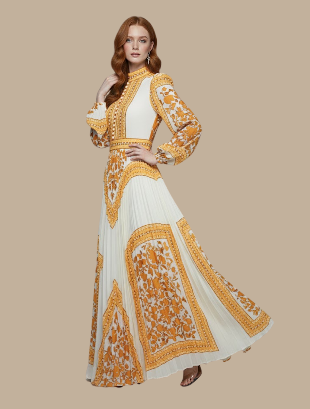 Robe de Soirée Maxi Plissée pour Femmes – Robe Formelle à Col Montant et Manches Longues