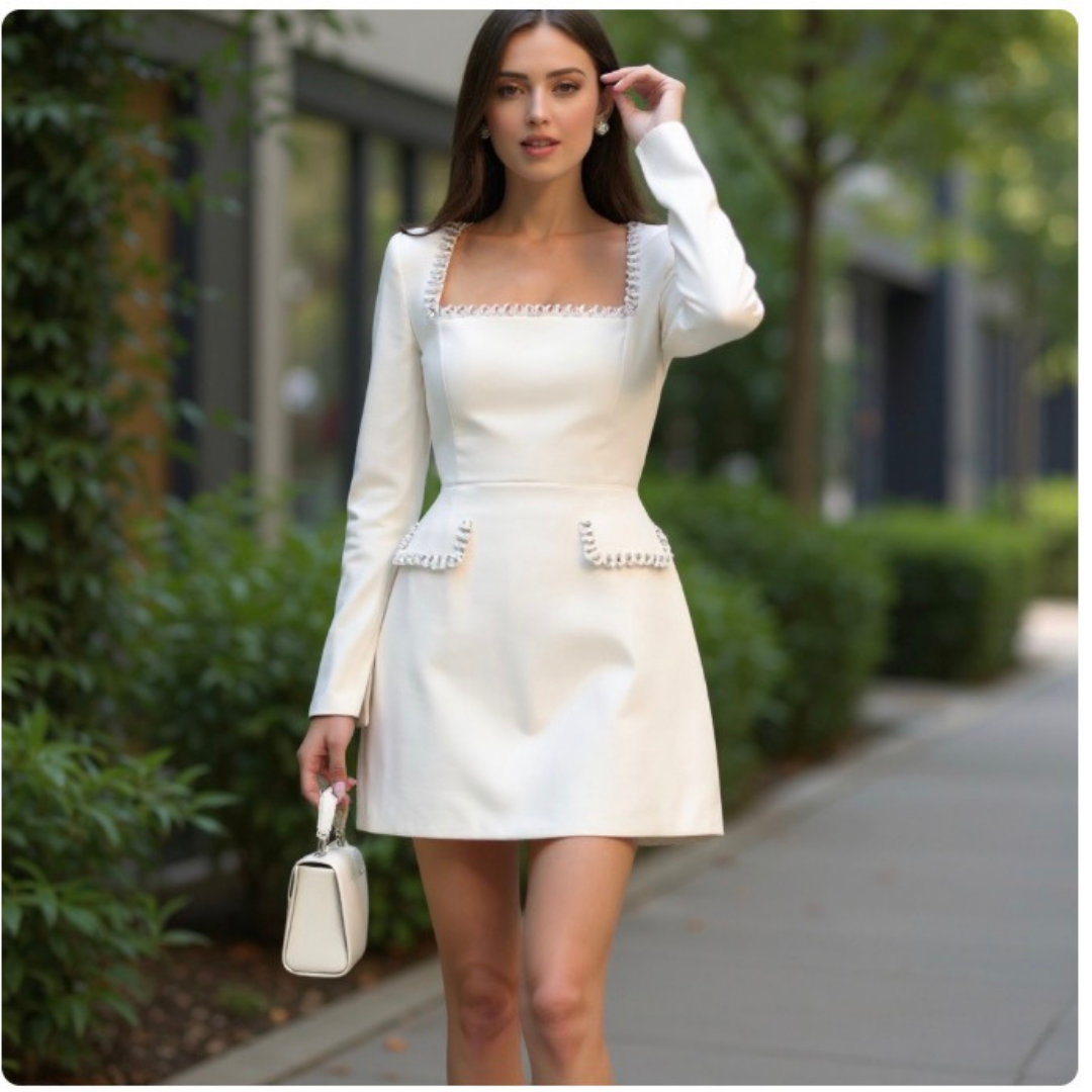 Robe Mini en Tweed pour Femmes – Robe de Soirée à Manches Longues avec Col Carré