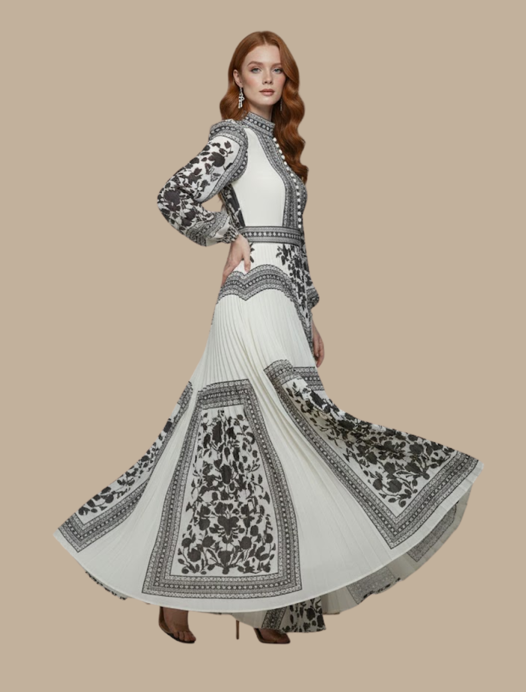 Robe de Soirée Maxi Plissée pour Femmes – Robe Formelle à Col Montant et Manches Longues