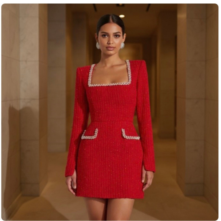 Robe Mini en Tweed pour Femmes – Robe de Soirée à Manches Longues avec Col Carré