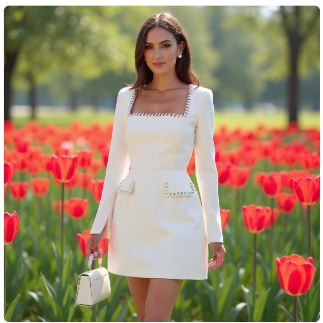 Robe Mini en Tweed pour Femmes – Robe de Soirée à Manches Longues avec Col Carré