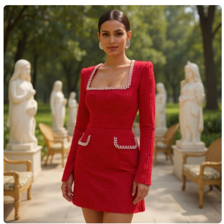 Robe Mini en Tweed pour Femmes – Robe de Soirée à Manches Longues avec Col Carré