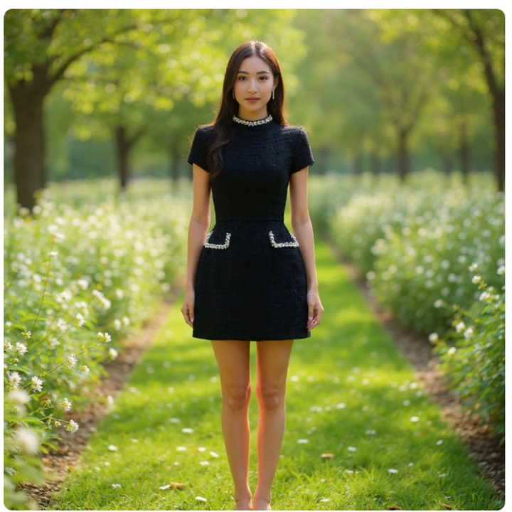 Robe Mini en Tweed pour Femmes – Robe de Soirée à Manches Longues avec Col Carré