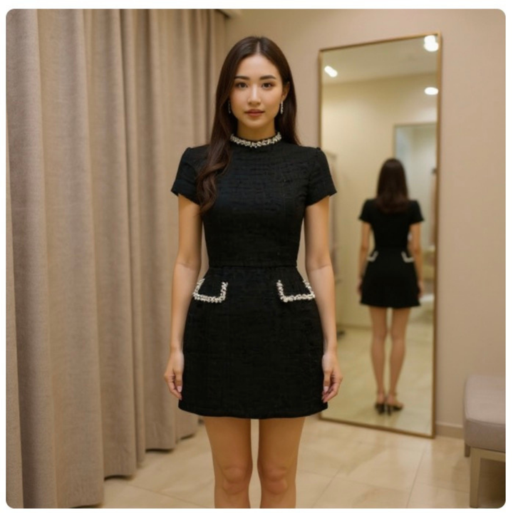 Robe Mini en Tweed pour Femmes – Robe de Soirée à Manches Longues avec Col Carré