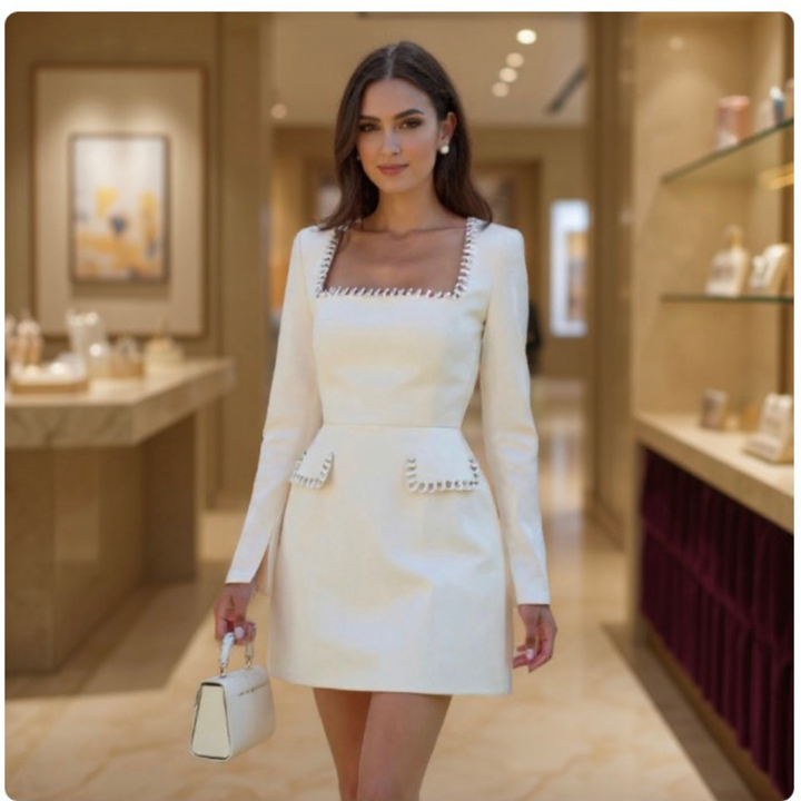 Robe Mini en Tweed pour Femmes – Robe de Soirée à Manches Longues avec Col Carré