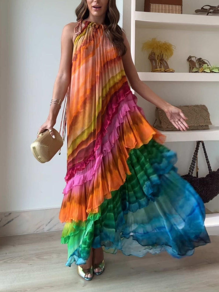 Robe Maxi Colorée à Volants pour Femmes | Robe d'Été Sans Manches Idéale pour Vacances et Événements