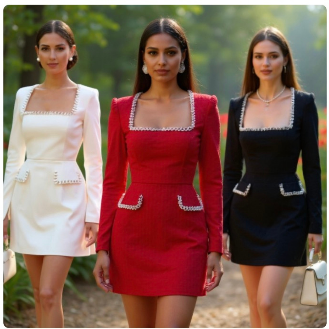 Robe Mini en Tweed pour Femmes – Robe de Soirée à Manches Longues avec Col Carré