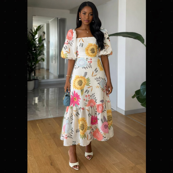 Robe mi-longue à manches bouffantes à col carré et imprimé floral