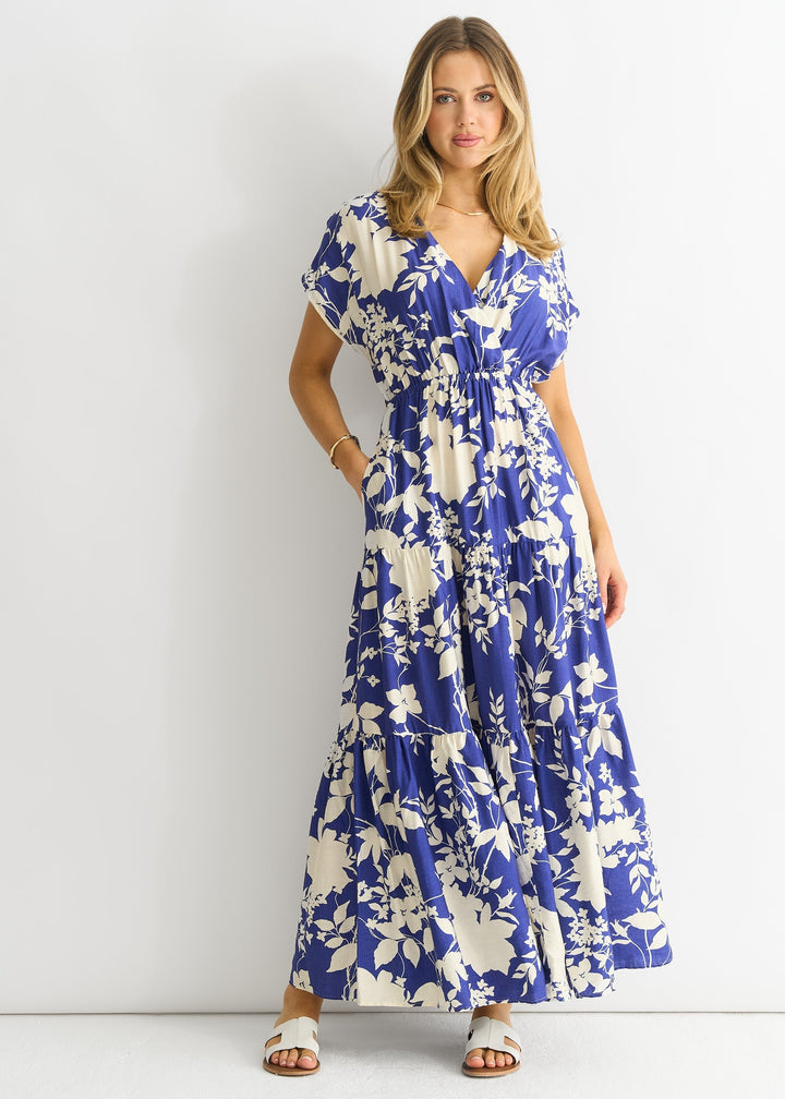 Robe maxi bleue à fleurs avec taille élastique – Confortable et élégante pour le printemps