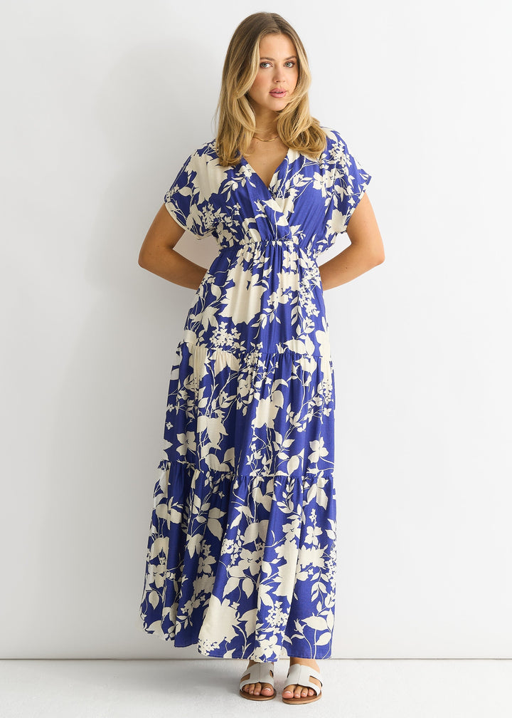 Robe maxi bleue à fleurs avec taille élastique – Confortable et élégante pour le printemps