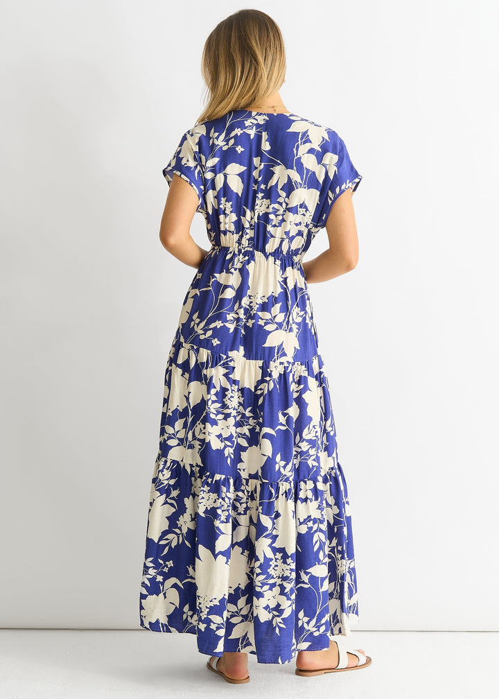 Robe maxi bleue à fleurs avec taille élastique – Confortable et élégante pour le printemps