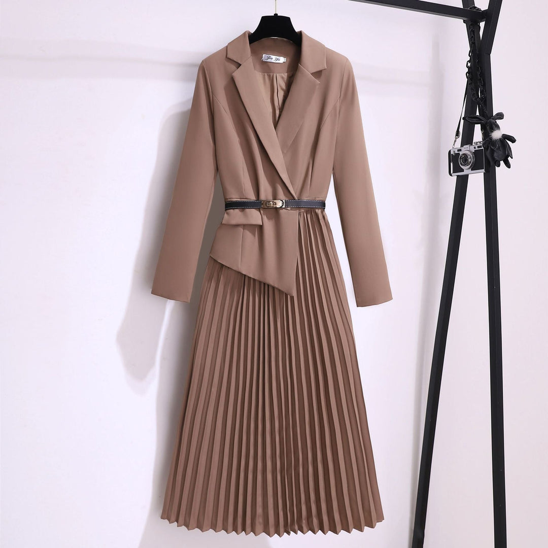 Robe Blazer Plissée Femme – Midi Élégante à Manches Longues avec Ceinture