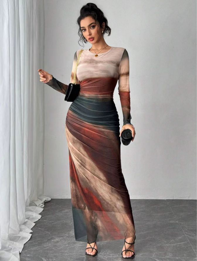 TORINA™ Robe Longue Imprimée à Manches Longues – Robe Maxi Confortable Col Rond