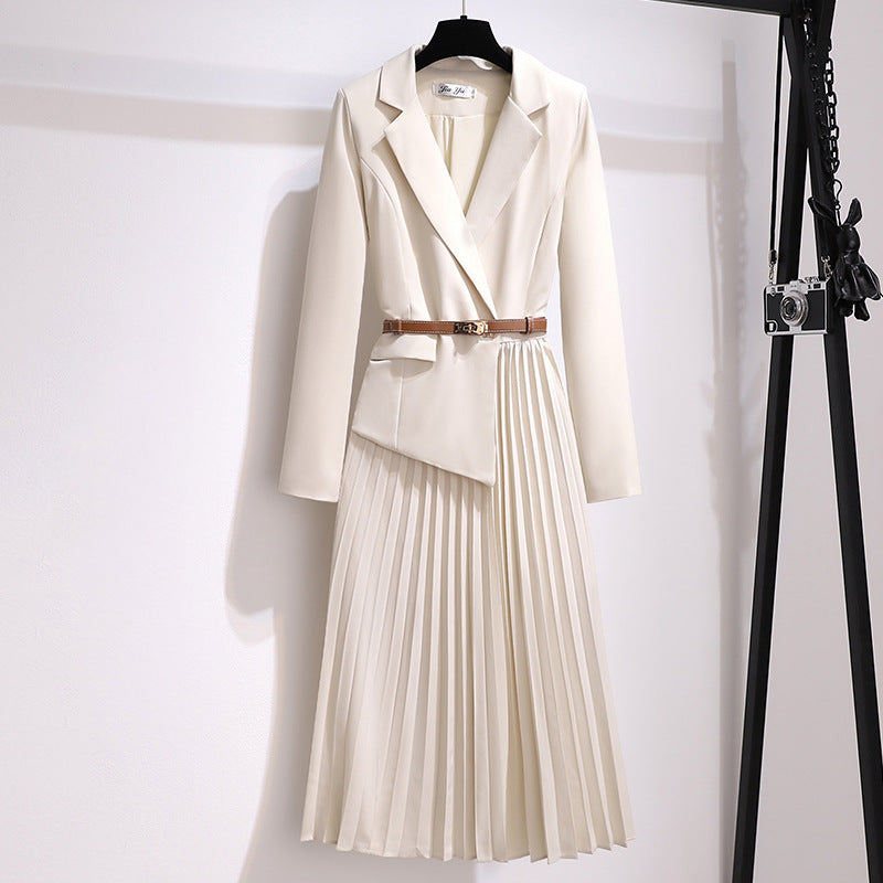 Robe Blazer Plissée Femme – Midi Élégante à Manches Longues avec Ceinture