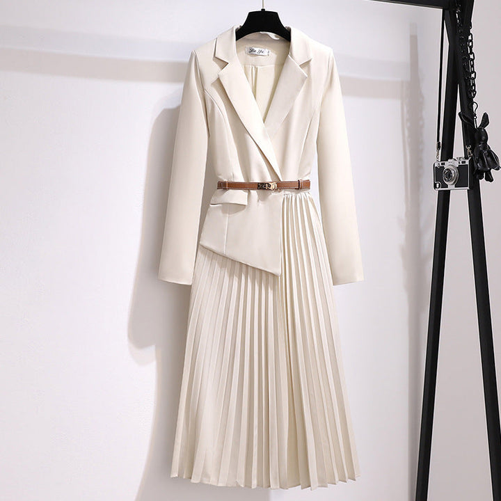 Robe Blazer Plissée Femme – Midi Élégante à Manches Longues avec Ceinture