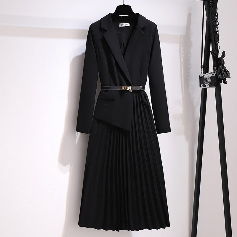 Robe Blazer Plissée Femme – Midi Élégante à Manches Longues avec Ceinture