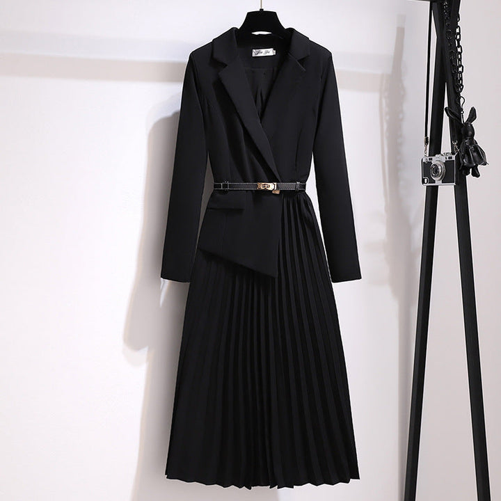 Robe Blazer Plissée Femme – Midi Élégante à Manches Longues avec Ceinture