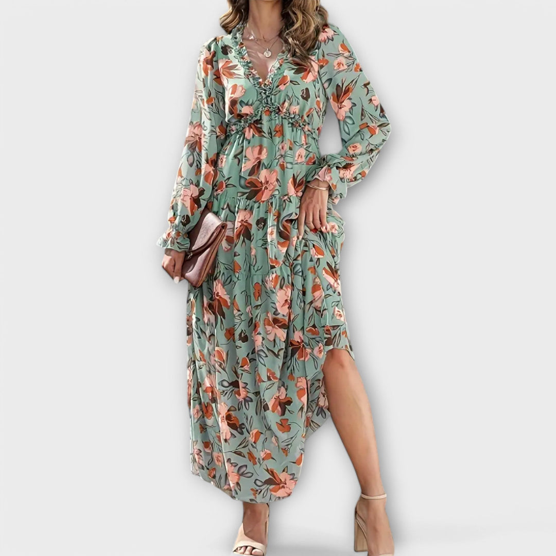 Robe Maxi Florale à Manches Longues Plissées et Décolleté en V pour Femmes – Robe Élégante pour les Fêtes