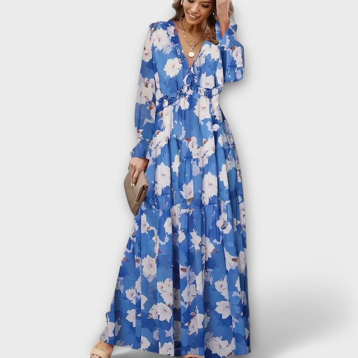 Robe Maxi Florale à Manches Longues Plissées et Décolleté en V pour Femmes – Robe Élégante pour les Fêtes