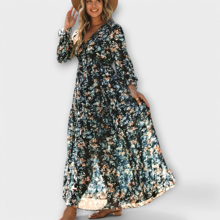 Robe Maxi Florale à Manches Longues Plissées et Décolleté en V pour Femmes – Robe Élégante pour les Fêtes