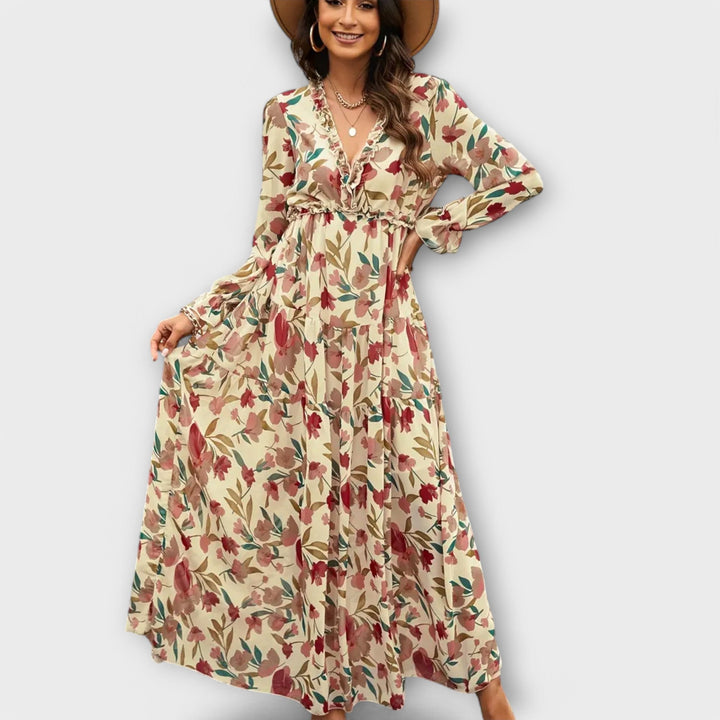 Robe Maxi Florale à Manches Longues Plissées et Décolleté en V pour Femmes – Robe Élégante pour les Fêtes