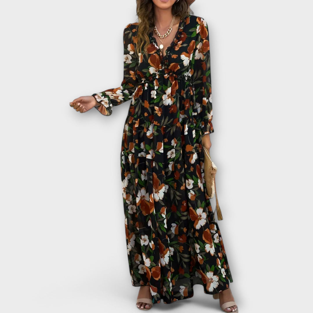 Robe Maxi Florale à Manches Longues Plissées et Décolleté en V pour Femmes – Robe Élégante pour les Fêtes