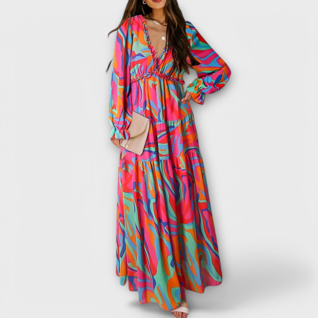 Robe Maxi Florale à Manches Longues Plissées et Décolleté en V pour Femmes – Robe Élégante pour les Fêtes