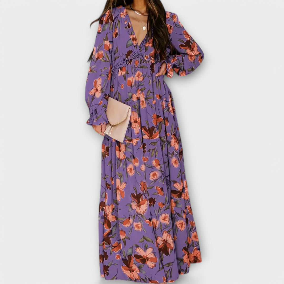 Robe Maxi Florale à Manches Longues Plissées et Décolleté en V pour Femmes – Robe Élégante pour les Fêtes