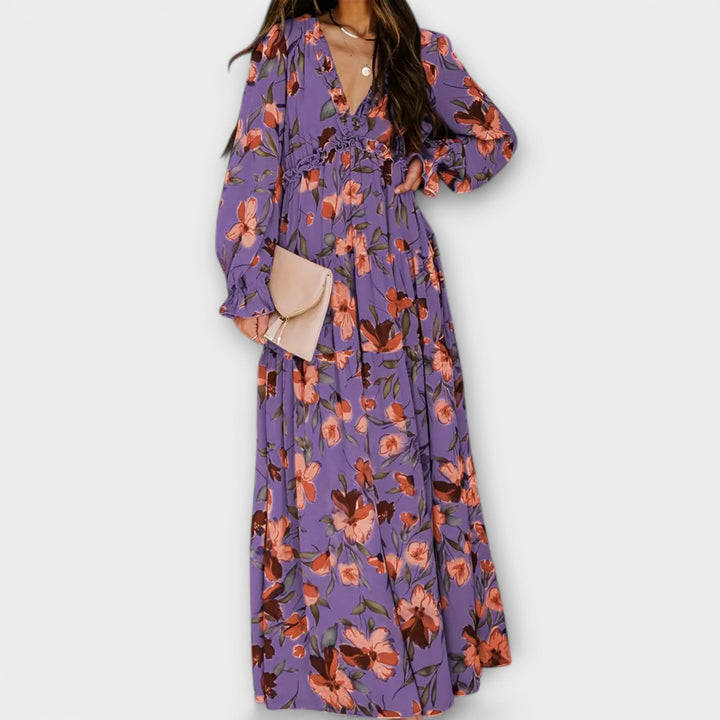 Robe Maxi Florale à Manches Longues Plissées et Décolleté en V pour Femmes – Robe Élégante pour les Fêtes