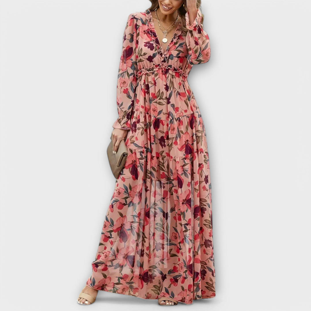 Robe Maxi Florale à Manches Longues Plissées et Décolleté en V pour Femmes – Robe Élégante pour les Fêtes