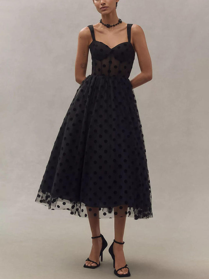 Robe Midi en Tulle à Pois pour Femmes – Bustier Coeur Sans Manches A-Line Idéale pour Fêtes et Évasions