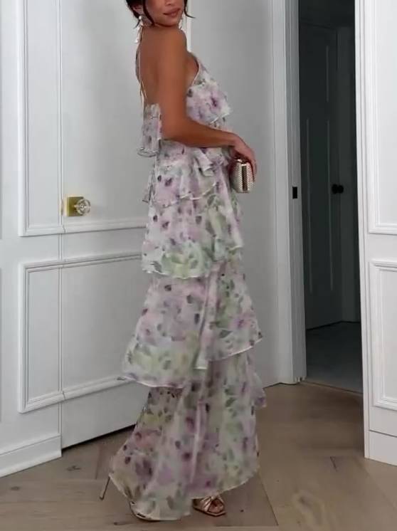Robe Maxi Dos Nu avec Col Halter pour Femmes | Robe de Mariage et de Fête à Volants Floraux