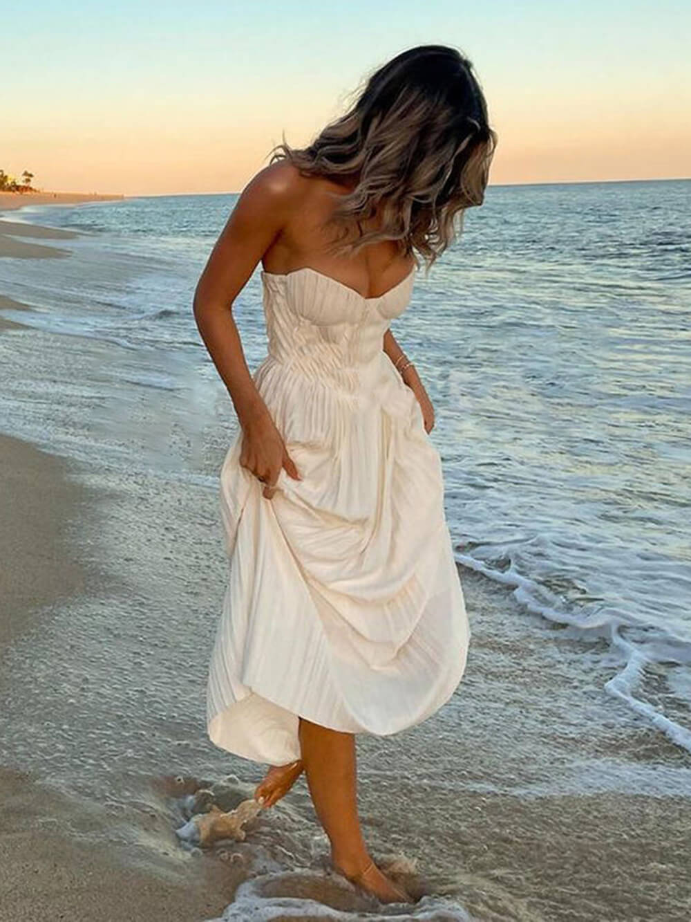 Robe de Soirée Maxi Plissée Sans Bretelles pour Femmes – Élégante en Blanc