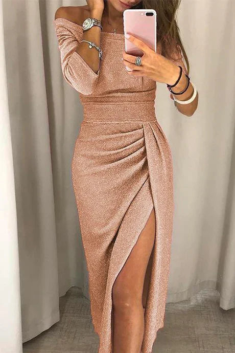 Robe de Soirée Satinée Femme à Épaules Nues avec Fente Haute Froncée