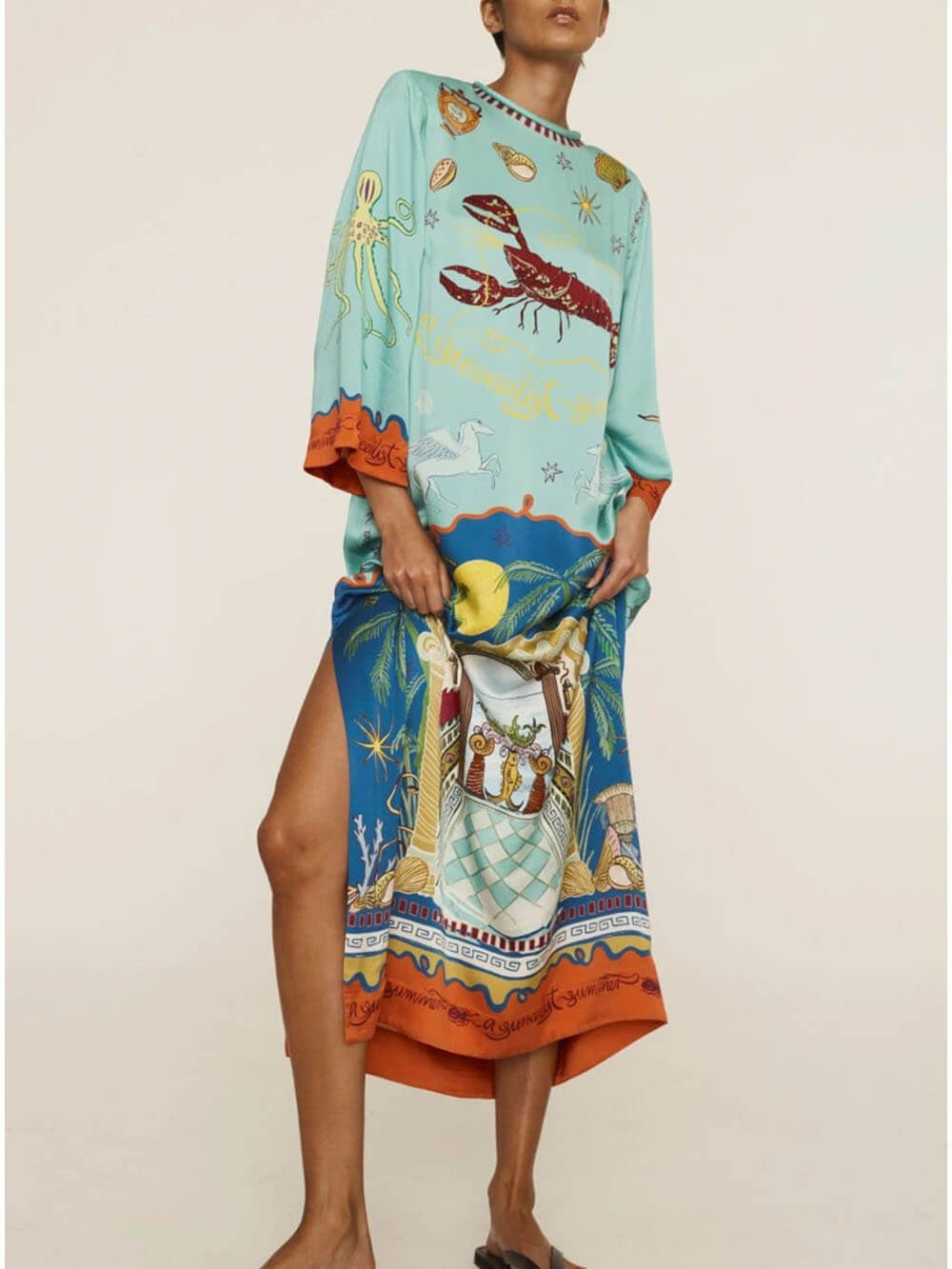 Robe Maxi Longue en Satin Bleu avec Ceinture à Nouer et Fente Latérale