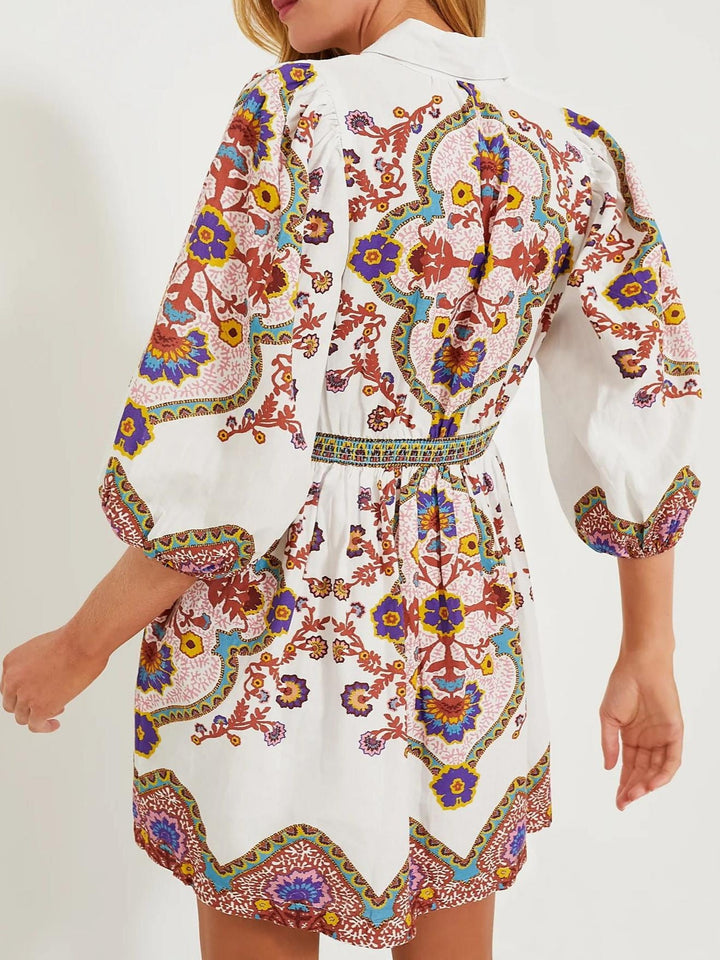 Robe d'Été Légère Boho à Imprimé Mini avec Manches Bouffantes pour Femmes