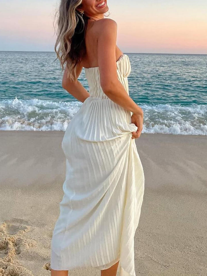 Robe de Soirée Maxi Plissée Sans Bretelles pour Femmes – Élégante en Blanc