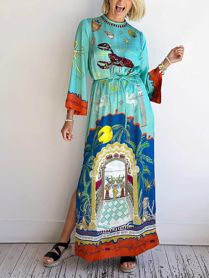 Robe Maxi Longue en Satin Bleu avec Ceinture à Nouer et Fente Latérale