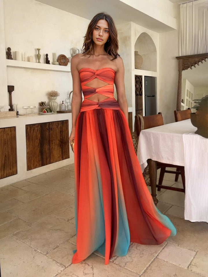 Robe Maxi Femme Dégradée | Sans Manches, Encolure Croisée et Taille Découpée – Idéale pour les Fêtes d'Été et les Vacances