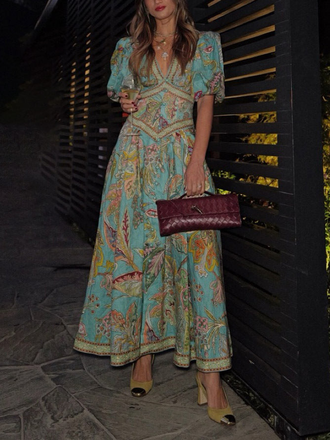 Robe Midi Femme à Manches Bouffantes | Satin Vintage Imprimé Floral avec Décolleté en V pour Événements